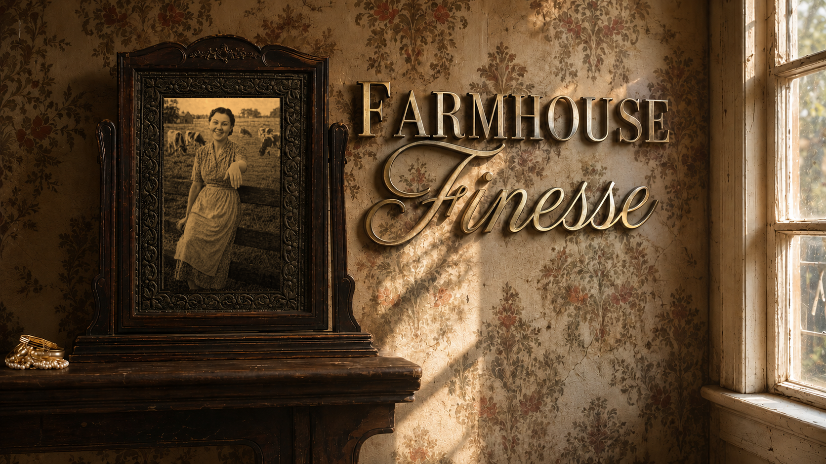 Grandma Vivian in a framed photograph beside Farmhouse Finesse lettering