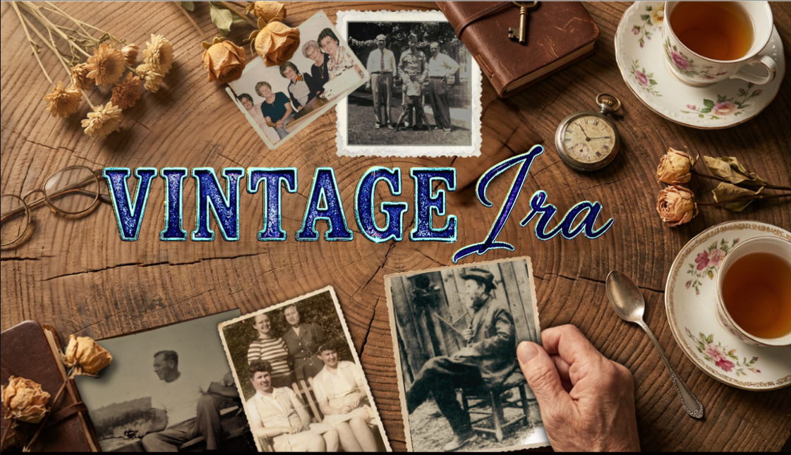 Vintage Ira family photographs and heirlooms on a wooden tabletop