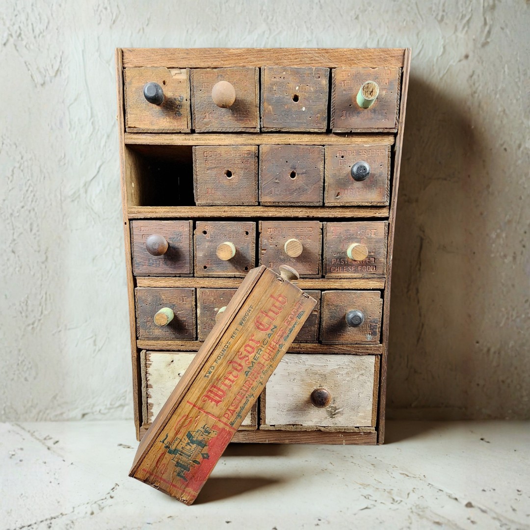 Antique Primitive 18-Drawer Wooden Cheese Box Apothecary Cabinet