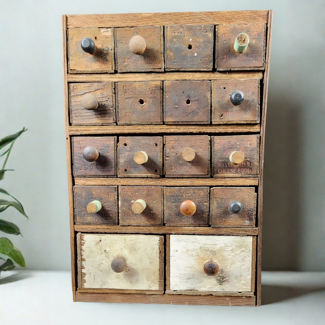 Antique Primitive 18-Drawer Wooden Cheese Box Apothecary Cabinet — photo 8