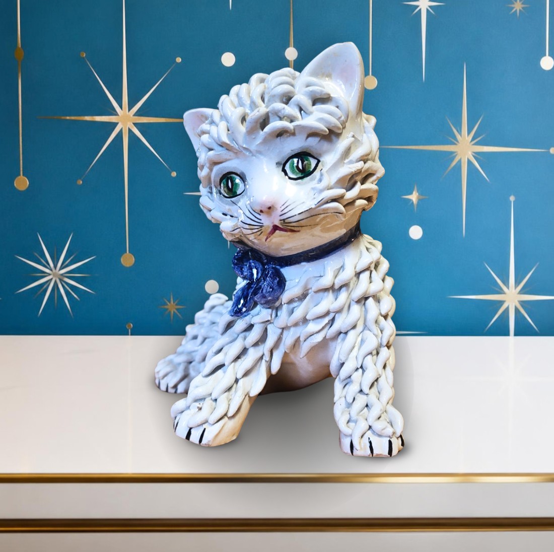 Vintage Italian Spaghetti Ceramic Cat Figurine - White Kitten Blue Bow